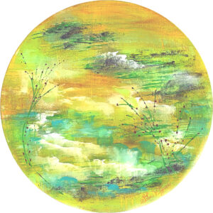 Mon petit coin de paradis, acryliques et encres sur bois, 16' diam.